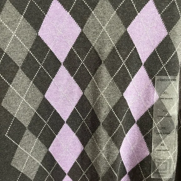 Claiborne Mens XL 90s Y2K Purple Gray Argyle V-Neck Sweater - Picture 4 of 4
